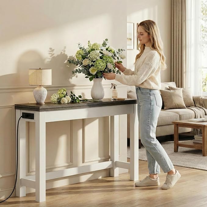 Cyclysio 47" Console Table with Charging Station, 13.8" Deep Farmhouse Sofa Table Behind Couch with 2 AC Outlets & 3 USB Ports, Entryway TV Console or Compact Home Office Desk, Oak Grey