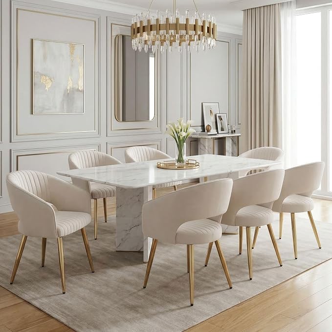Hyfirm Set of 4 Cream Leather Dining Chairs, Modern Upholstered Kitchen Chairs Gold Metal Legs, Hollow Back, Accent Side Chair for Dining Room/Livingroom/Reception/Restaurant