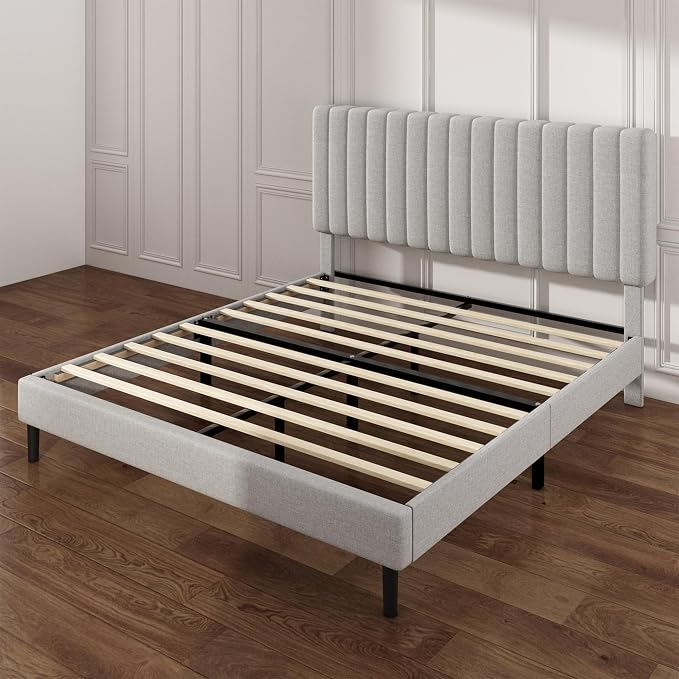 Full Size Platform Bed Frame with Vertical Channel Tufted Headboard, No Box Spring Needed, Noise-Free, Easy Assembly, Light Grey Linen