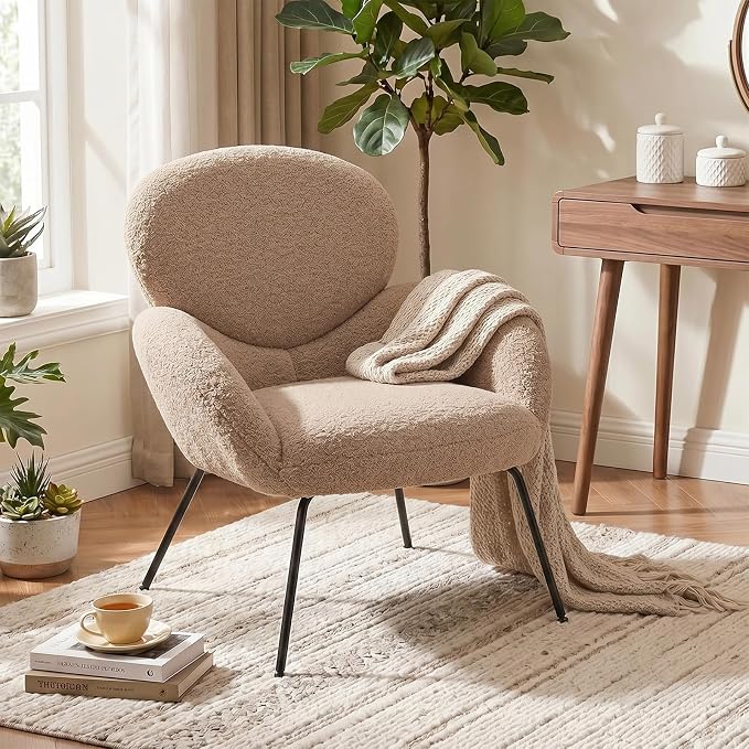 Small Accent Chair Set of 2,Sherpa Chair with Love Back, Boucle Chairs with Metal Legs, Comfy Modern Reading Chairs/Sherpa Accent Chair with Thick High-Elastic Sponge/Cream Style Room (Camel)