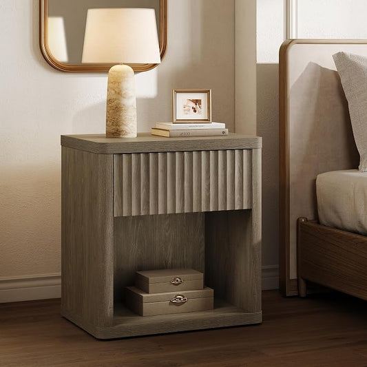 SICOTAS Night Stand Set of 2 Nightstands with Drawer Storage Fluted Bed Side Table End Table Large Modern Wide Bedside Stand Mid Century Night Stands for Bedroom Living Room Sofa Office, Grey Alder