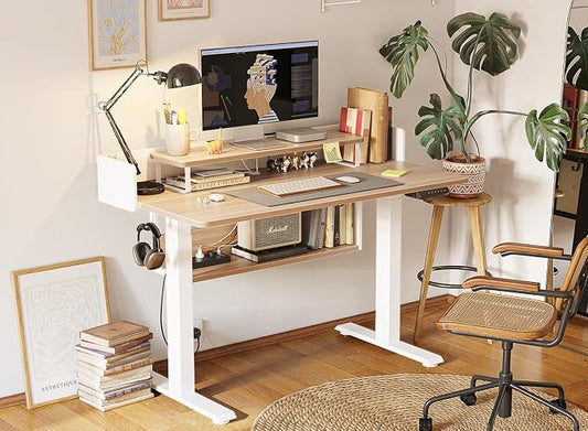 CubiCubi 55" Electric Standing Desk with Under Desk Shelves, Sit Stand Rising Computer Desk with Monitor Shelf, Home Office Desks with Hooks, Adjustable Height Stand Up Workstation Table, Light Walnut