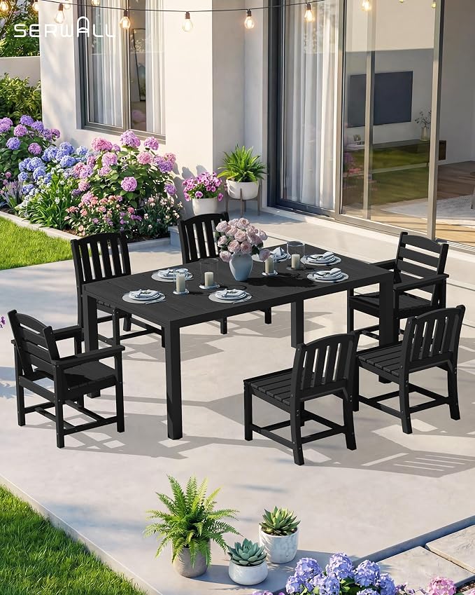 SERWALL 10-Piece Patio Dining Sets with 15FT Patio Umbrella, Black | 60" - 83" Expandable Outdoor Dining Table and 8 HDPE Chairs, All Weather HDPE Outdoor Furniture Set