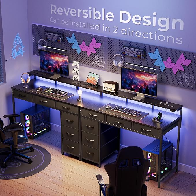 Huuger Gaming Desk with 6 Drawers, Computer Desk with LED Lights Power Outlets and Type-C, 39 Inch Office Desk with Storage, Monitor Stand, Writing Desk Work Desk Home Office, Bedroom, Black, 1CD100B