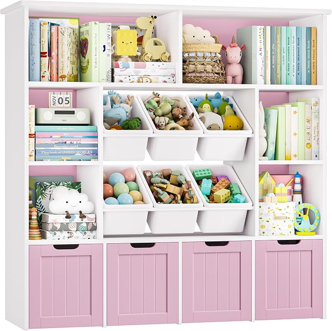 FINETONES Toy Storage Organizer with 6 Toy Bins, Toy Organizer Kids Bookshelf with 4 Movable Drawers and 6 Storage Cubbies, Toy Bins for Kids Organizer Playroom Storage for Living Room, Pink