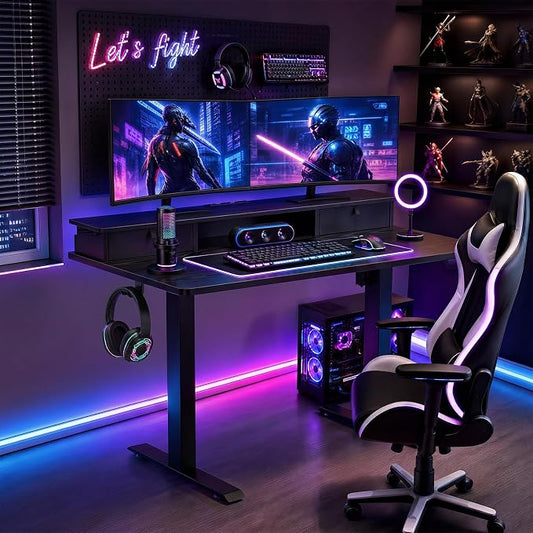 Veken 47x28 in Electric Standing Desk with Drawers, Adjustable Table, Black | Stand up Computer Desk for Home Office, Work & Study, with Storage, 3 Memory Presets, Cable Organizer, Hook, and Quiet Lift.