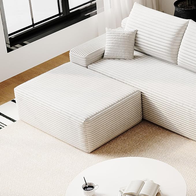 37.4" Plush Corduroy Ottoman, Upholstered Cloud Ottoman for Boneless Couch in a Box, Modular Sectional Couches for Living Room, Compressed Memory Foam, No Assembly Require, White