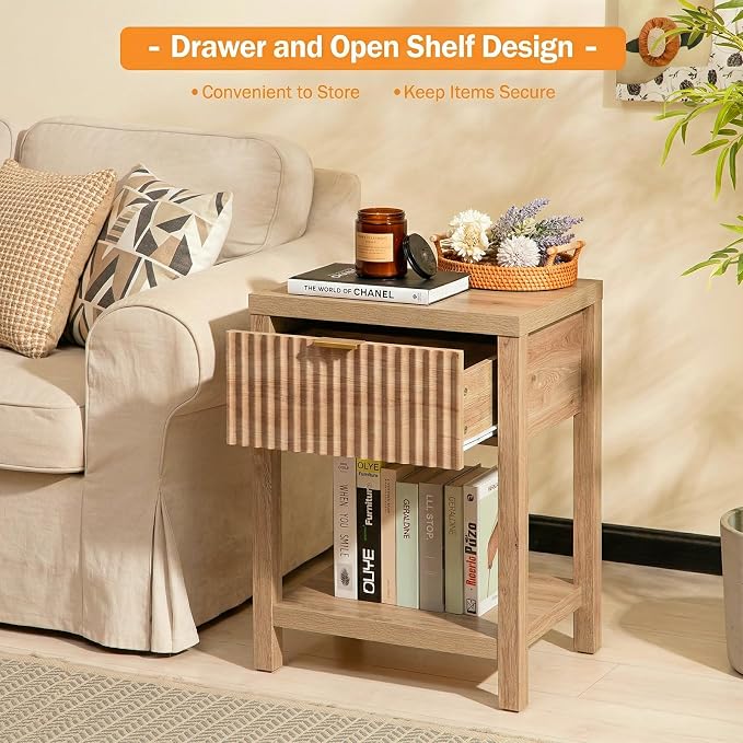 Fluted Night Stand with Golden Handle,Set of 2 Mid-Century Nightstands with Drawer, Bedside Table with Storage Shelf,Large Wood End Tables for Livingroom,Bed Side Tables for Bedroom, Natural Oak