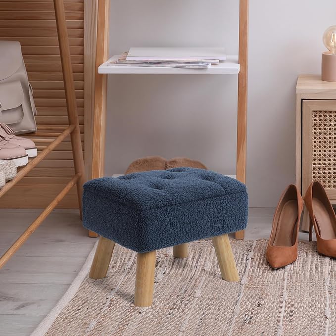 OGEMXU Storage Ottoman, Small Foot Stool Ottoman with Storage, Boucle Teddy Velvet Foot Rest with Padded Seat, Sturdy Wood Legs Stool for Living Room, Bedroom, Couch, Enterway (Dark Blue)
