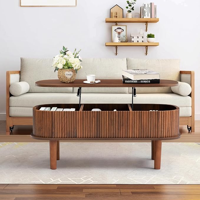 Fully Assembled Fluted Lift Top Coffee Table with Hidden Compartment, Wooden Center Table, Modern Oval Lift Tabletop for Home Living Room Office, Walnut