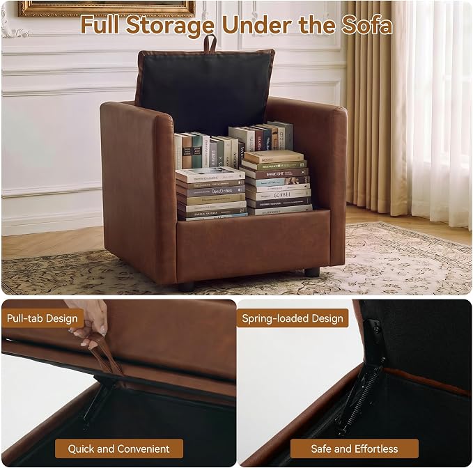 30" Brown Faux Leather Sofa Chair, Single Cloud Accent Chair with Storage | Modern Upholstered Deep Seat Sofa Chair, Comfort for Reading, Lounging, and Small spaces, Armchair for Living Room, Bedroom