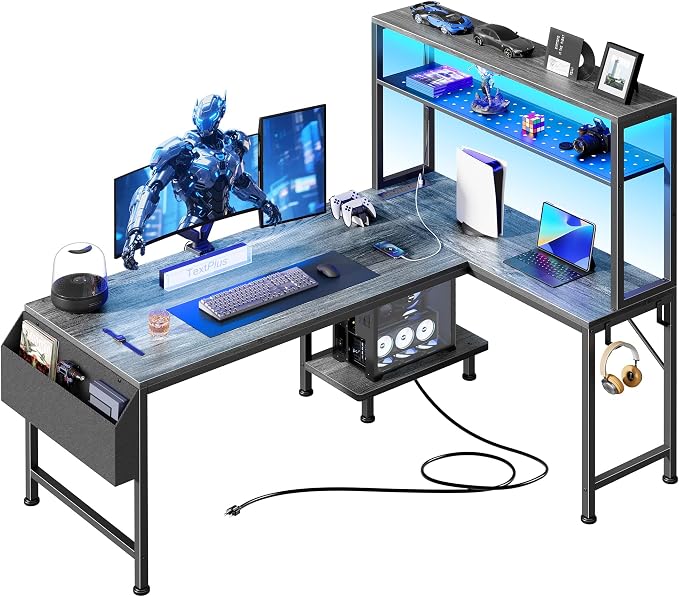 PRAISUN L Shaped Gaming Desk with LED Lights & Power Outlets, Reversible Computer Desk with Storage Shelves & Bag, Large Corner Home Office Desk with Pegboard for Work from Home, Grey