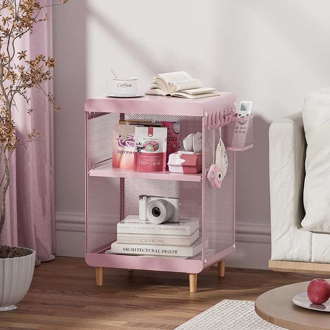 SYKIARIOL Kids Nightstand for Girls, Metal Bedside Table with 4 Hooks & Hanging Basket, 3-Tier Storage Shelf, Toddler Night Stand for Bedroom, Pink