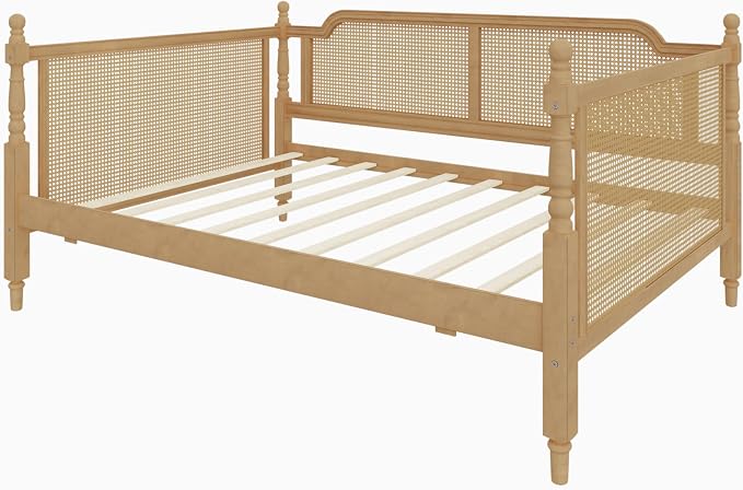 Merax Full Bedframe with 2 Storage Drawers & Footboard, Vintage Wooden Daybed Platform Bed with Natural Rattan Headboard, Noise-Free, No Box Spring Needed, Antique Walnut