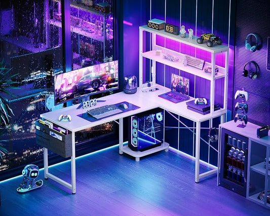 AODK L Shaped Desk Gaming Desk with LED Light & Power Outlet, 53 Inch Reversible L Shaped Computer Table with Shelf, Corner Desk with Storage Bag&Hook for Home Office Desk, White
