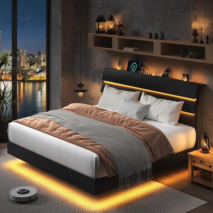 Feonase Floating Bed Frame King with Led Lights and Charging Station, Wood Full Size Bed Frame with Storage Headboard, Heavy Duty Metal Slats, No Box Spring Needed, Easy Assembly,Dark Black