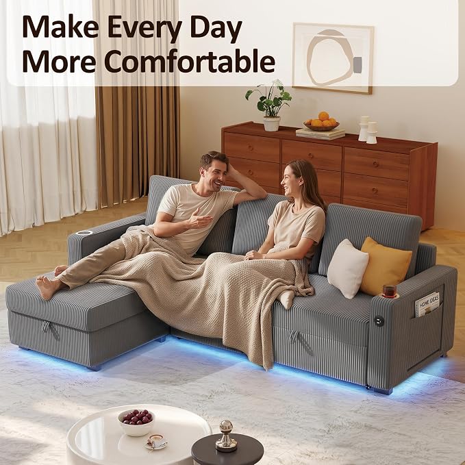 Ball & Cast 80" Sectional Sleeper Sofa Bed Pull Out Couches for Living Room | L Shaped Convertible Pull Out Sofa Bed with Storage Chaise, LED Lights, Foldable Table, USB Ports, Cup Holder and Side Pocket