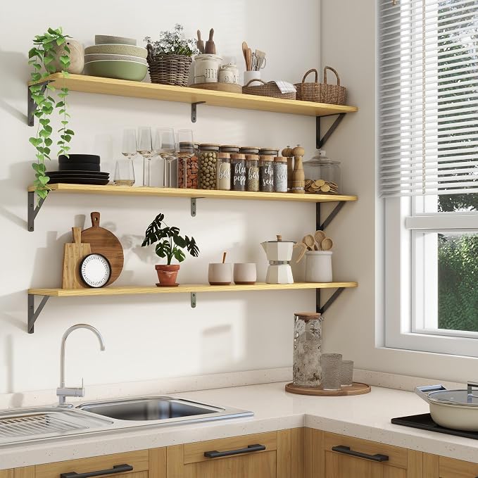 Axeman 48'' x 8'' Oak Floating Shelves for Wall with Brackets Set of 2 | 48 Inch Oak Book Shelf for Living Room Bedroom, Includes Mounting Hardware, Holds up to 45Lbs