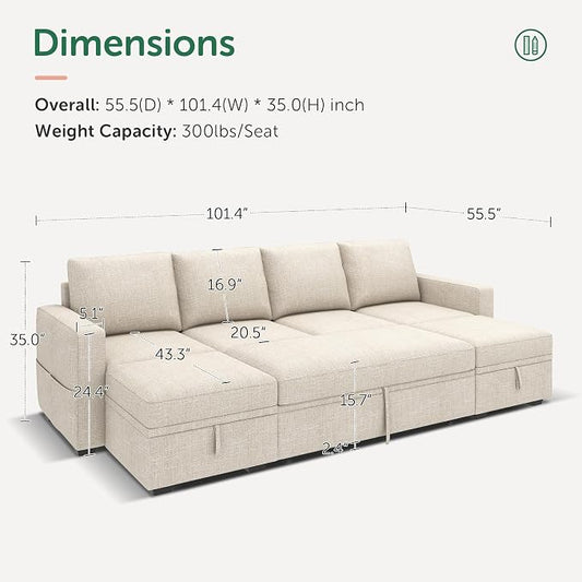 HONBAY Modular Sectional Sleeper Sofa Bed, Sectional Couch with Pull Out Bed U Shaped Modular Couch with Storage Ottoman for Living Room, Beige