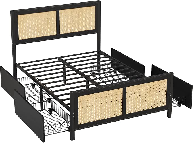 GarveeHome Black Rattan Bed Frame with Headboard, Boho Cane Platform Full Size Bed Frame with 4 Drawers, Strong Metal Slats Support, Noise Free, No Box Spring Needed