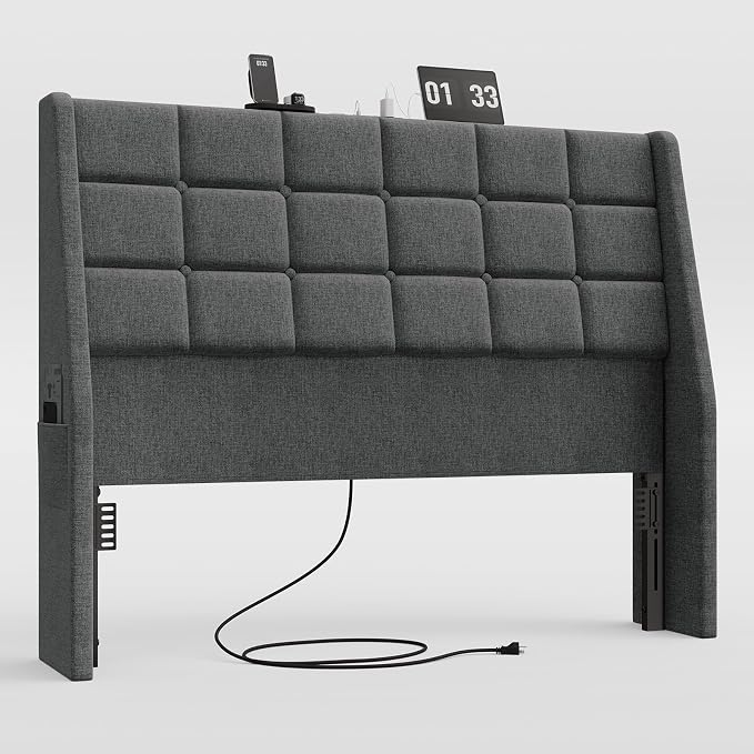 Ergonomic Upholstered Headboard Full Size w/Charging Station, Linen Wingback Headboards w/Storage Pocket, Full Headboard Only, Bed Frame Adapters, Sturdy Stable Solid Wood Bed Head Board, Dark Grey