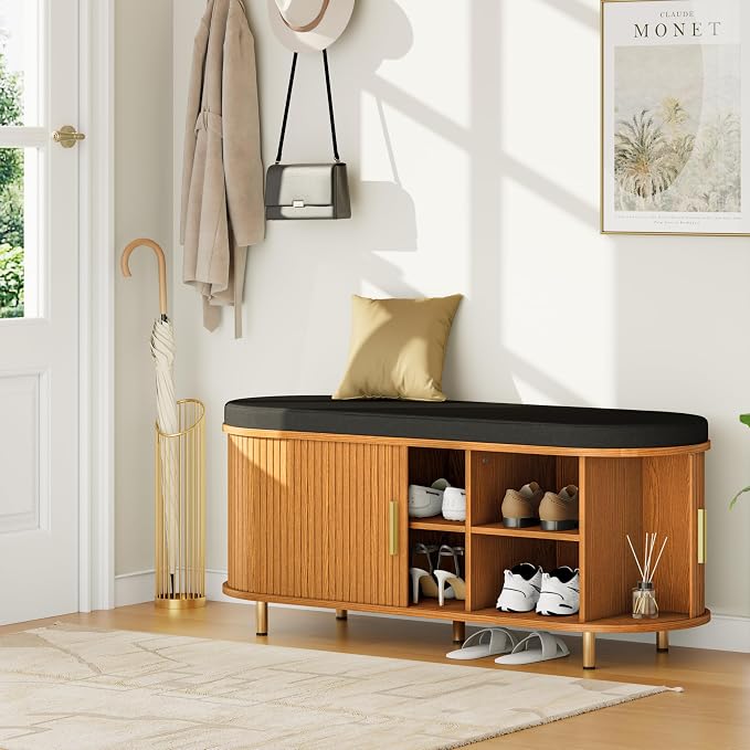 DHH 2-Tier Storage Bench,Wide Shoe Bench with Thickened Padded Seat Cushion, Mid Century Modern Fluted Sliding Door and Adjustable Shelf, for Entryway, Living Room, Bedroom (Yellow Walnut, 43.3“)