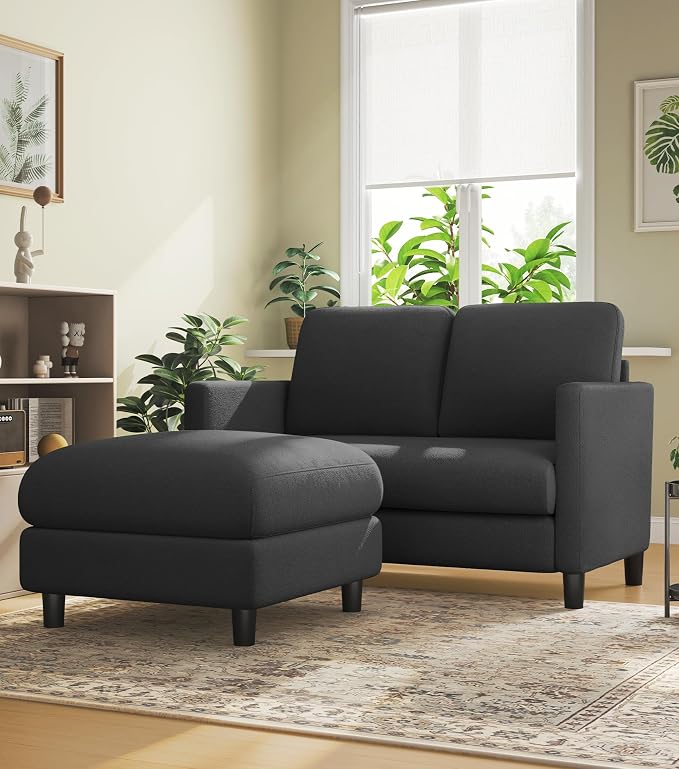 Welzona Loveseat, 51" Small L Shaped Couch, Comfy Teddy Love Seat with Ottoman Set, Tool-Free Setup Loveseat Sofa with Ottoman, All-Wood Small Sofa Couch for Bedroom, Couch for Living Room, Grey