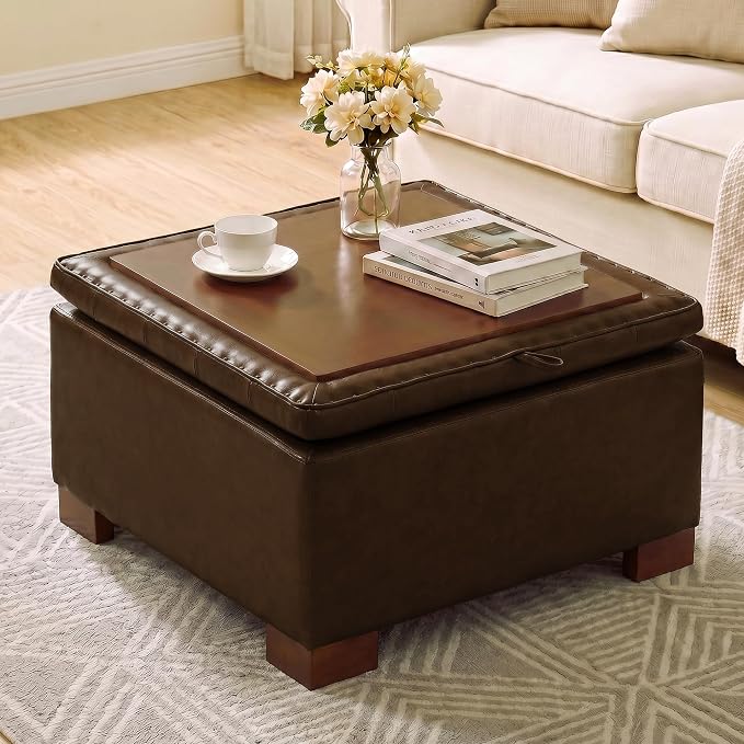 30 Inch Square Storage Ottoman Coffee Table, Modern Tufted Upholstered Ottoman with Flip Tray and Solid Wood Legs, Suitable for Living Rooms, Faux Leather Coffee