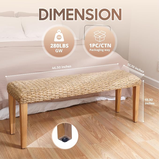 Outdoor Backless Bench, All-Weather Wicker & Solid Acacia Wood, Premium Garden Bench with Woven Rattan Seat and Thick Outdoor Cushion for Patio, Porch, Living Room or Entryway (Natural, PE Wicker)