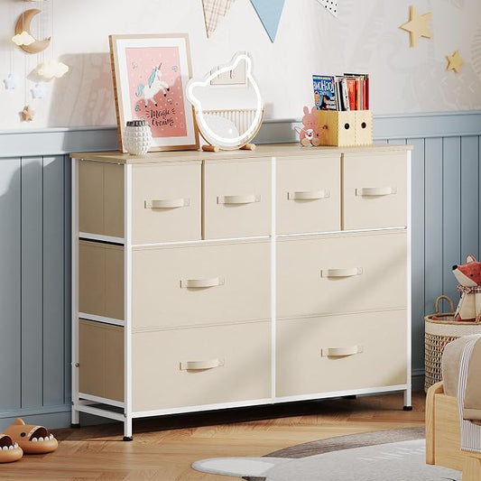 WLIVE Dresser for Bedroom with 8 Drawers, Wide Fabric Dresser for Storage and Organization, Bedroom Dressers, Chest of Drawers for Living Room, Closet, Hallway, Cream White