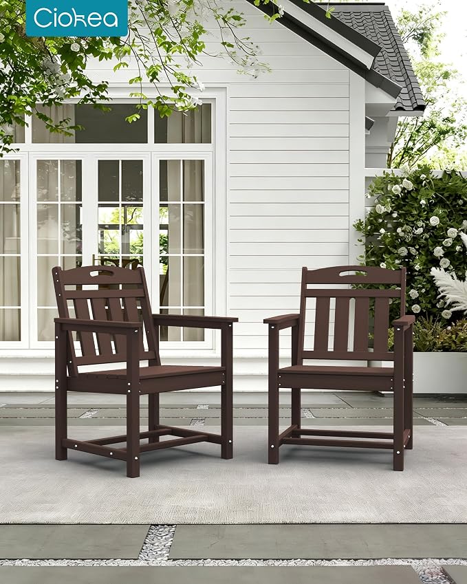 Ciokea HDPE Outdoor Patio Dining Chairs Set of 2, All-Weather Porch Chair with Wide Seat, Durable Outdoor Furniture for Backyard, Garden, Lawn & Poolside, Brown