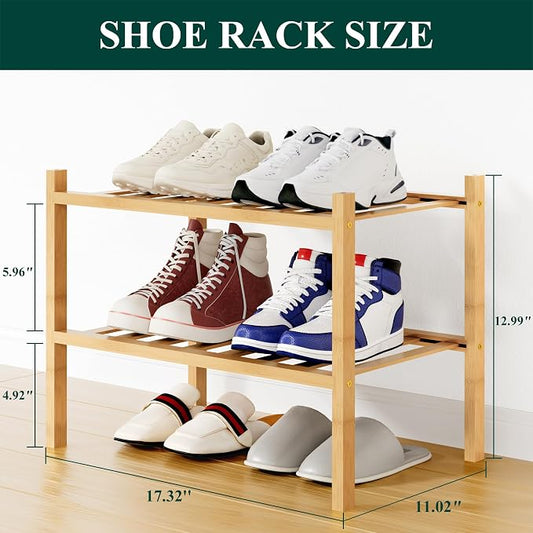 Smiry Small Bamboo Shoe Rack, 2 Tier Free Standing Wooden Shoe Organizer, Stackable Wood Shoe Storage Shelf for Closet, Entryway, 12 Vertical Slats, One-piece Standard Legs, 17.3"x11"x13", Natural