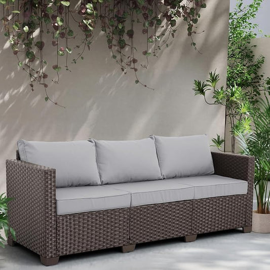 Rattaner Patio Furniture 3 Seat Sofa Outdoor Furniture Outdoor Couch Deep Seat High Backrest with Waterproof Cover Anti-Slip Cushions with Waterproof Cover, Light Grey