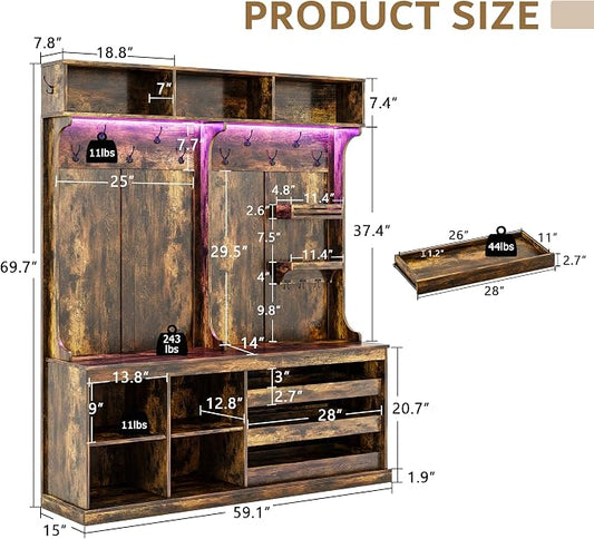 iPormis 70“ Large Hall Tree with Bench and Adjustable Storage Shelves, 6-in-1 Farmhouse Entryway Bench w/Coat Rack, Top Storage, Small Shelves for Entryway, Living Room, Led Lights, Rustic Brown