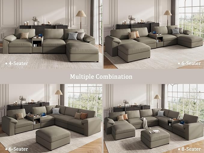 EASE MOOSE Faux Leather Sectional Couch with Console, Oversized Modular Sofa, Modern Comfy Modular Couch, Scratch Resistant Material Sofas, U Shaped Couch for Big Spaces, Light Grey