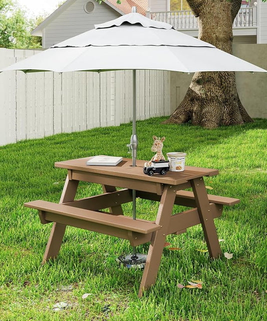 FOOWIN Kids 3-in-1 Sand & Water Table,HDPE Outdoor Convertible Picnic Table w/Detachable Tabletop, for Outdoor Backyard Patio Play Teak