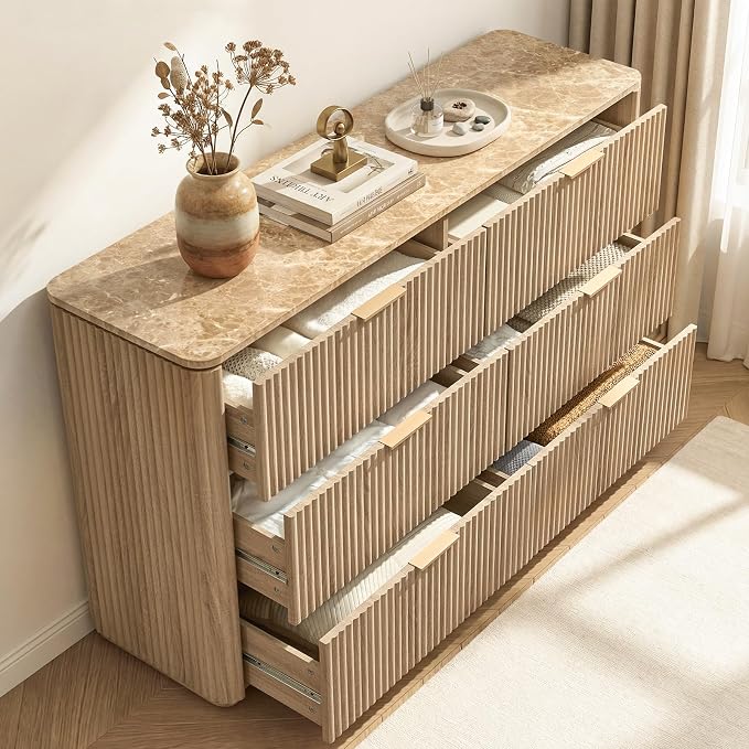 Dresser for Bedroom with 6 Drawers, 54"W Chest of Drawers, Fluted Dresser with Faux Marble Top, Curved Profile Design, Metal Handle, Wood Closet Storage Organizer for Living Room, Hallway, Natural Oak