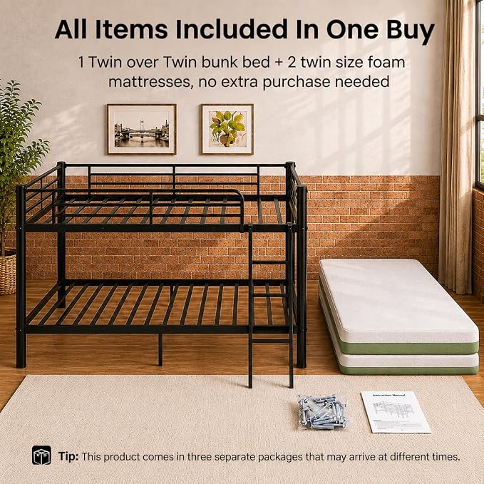 sogesfurniture Twin Over Twin Bunk Bed with 2 Mattresses Included, Bunkbeds | Space-Saving Bundle Heavy-Duty Metal Frame 6-Inch CertiPUR-US Mattresses 11.8" Safety Guardrails Easy Assembly Wide Ladder