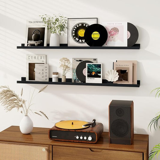 Dreamland Picture Ledge Shelf for Wall, Floating Shelves Set of 2, 48 Inch Long Floating Shelves with Lip for Living Room, Bedroom, Bathroom, Kitchen, Black