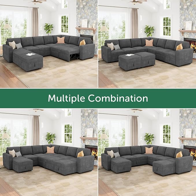 HONBAY Modular Sectional Sleeper Sofa with Pull Out Couch, Corduroy Oversized Sectional Couches Pull Out Bed with U Shaped Sleeper Storage for Living Room - Dark Grey