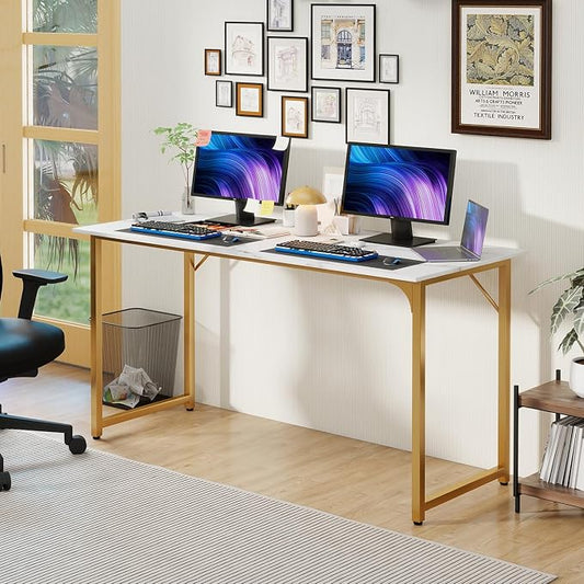 PayLessHere | 55 Inch Computer Desk | White Gold | Office Desk with Metal Frame, Adjustable Feet | Water-Resistant, Scratchproof Surface | Sturdy Writing Table for Home Office or Study | Pack of 1