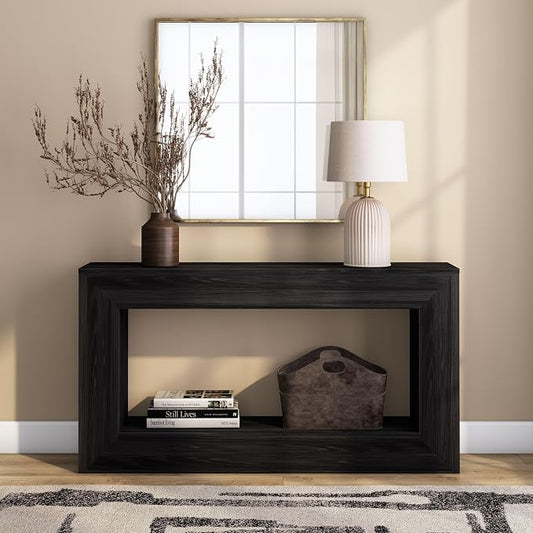Plank+Beam Grande 56” Console Table with Bottom Shelf, Solid Pine Wood Entryway & Sofa Table, Black Wirebrush Finish