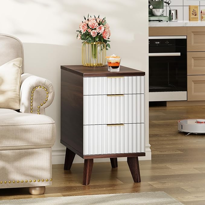 Kalrin Narrow Nightstand with Hidden Outlets & USB Ports, Modern Fluted Bedside Table with 3 Drawers, Engineering Wooden End Tables for Bedroom and Living Room(Brown & White)