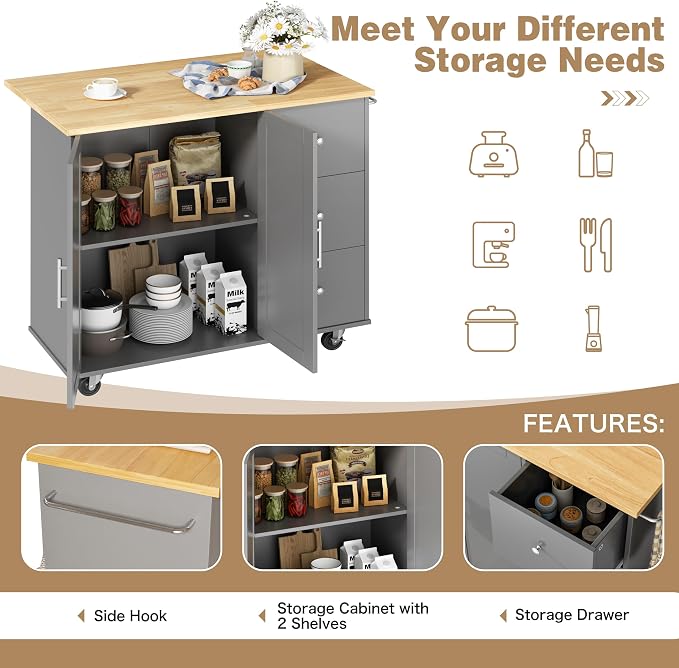 Shintenchi Kitchen Island with Folding Drop Leaf, Rolling Island Table with Storage, Kitchen Cabinet on Wheels with Seating Area for Kitchen, Bar Cart with Cabinet, Gray