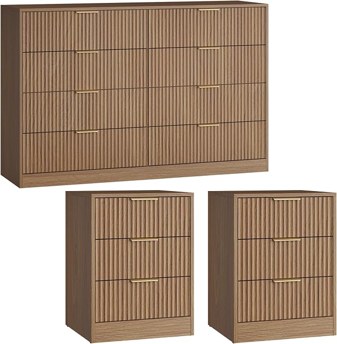 8 Drawer Dresser & 3 Drawer Nightstand Set 3-Piece, Tall Fluted Dresser and Night Stand Set of 2 w/Metal Handle, Modern Wood Chest of Drawers Storage Dressers Set for Bedroom, Natural Wood