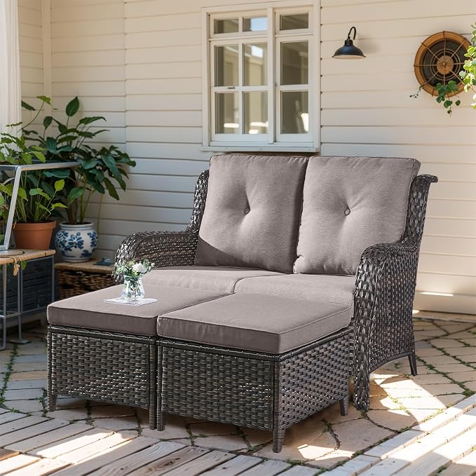 Outdoor Loveseat Sofa - 3 Piece Patio Furniture with Ottoman Deep Seating Patio Couch for Porch Deck Garden Backyard - Brown/Grey