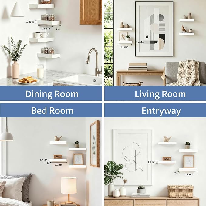 Floating Shelves for Wall, Set of 4 Wooden Wall Mounted Shelves for Bathroom Over Toilet, Bedroom, Kitchen, Living Room & Office, Modern Hanging Storage and Wall Decor, White, 12"x7"x1.5"