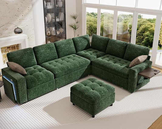 Vipbear 7 Seat L Shaped Modular Sectional Sleeper Sofa Bed with Ottoman/Pull Out Bed/Reclining Backrest/USB Ports/Table/LED Light/Storage Seat, Tool-Free Assembly, Chenille Green