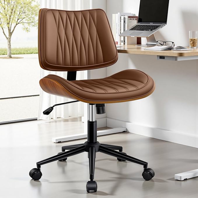 Ergonomic Armless Office Desk Chair - Mid-Century Modern Brown Faux Leather with Diamond Stitch, Adjustable Height Swivel Rolling Task Computer Chair with Walnut Accent for Home Office, Study & Work