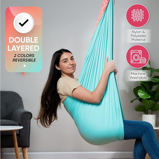 Indoor Sensory Swing for Kids or Outdoor – Holds 300lbs, Double-Layer, & 360° Swivel, Calming Compression Therapy Swing Hammock for Kids & Adults with All Hardware – Sensory-Motor Toys & Gifts